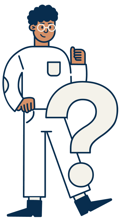 A simple illustration of a person with dark hair leaning against a large question mark symbol. The person is casually dressed in a long-sleeved shirt with a pocket and is giving a thumbs up. The illustration has a casual, minimalist style.