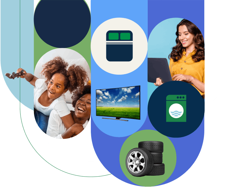 A collage with various circular images: a mother and child playing, a bed icon, a woman using a laptop, a washing machine icon, a TV, and car tires. The background features vertical blue and green segments.