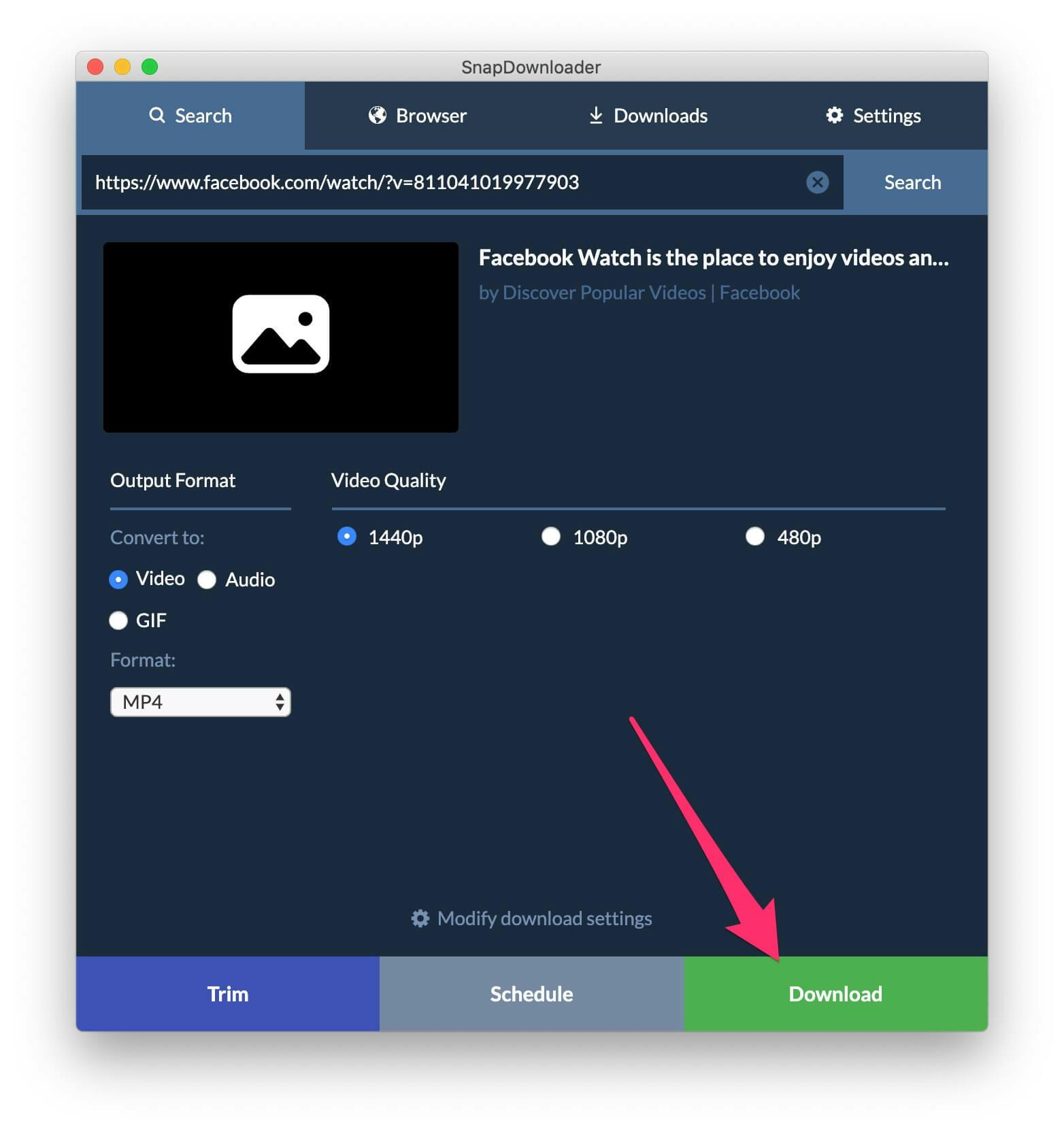 click Download to begin saving the private Facebook video