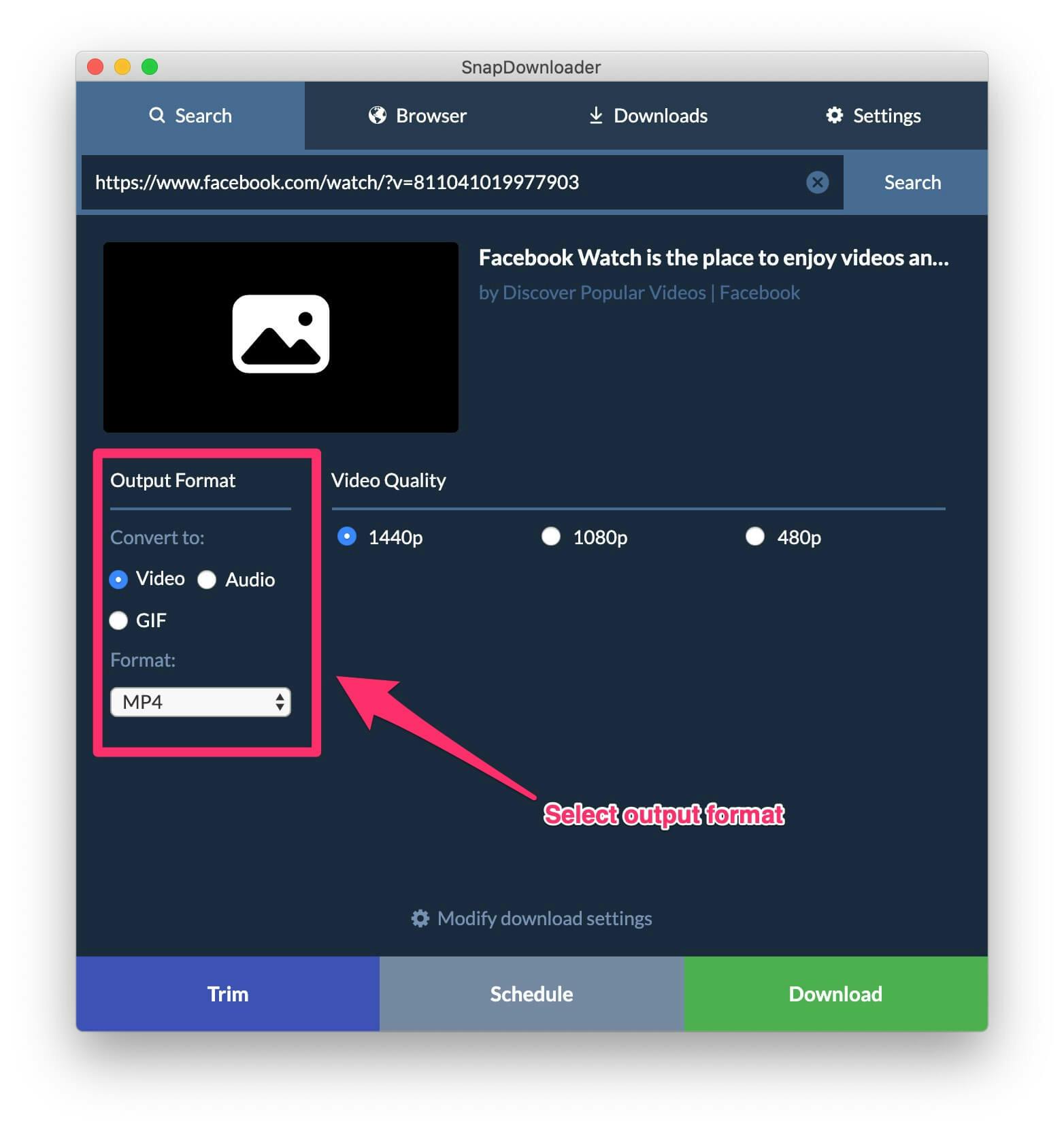 select output format of the video