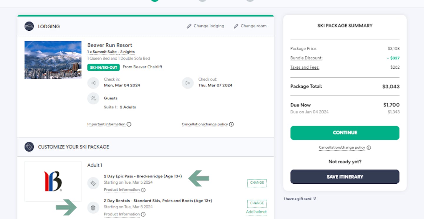 Breckenridge package booking example