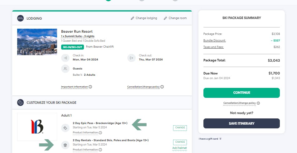 Breckenridge package booking example