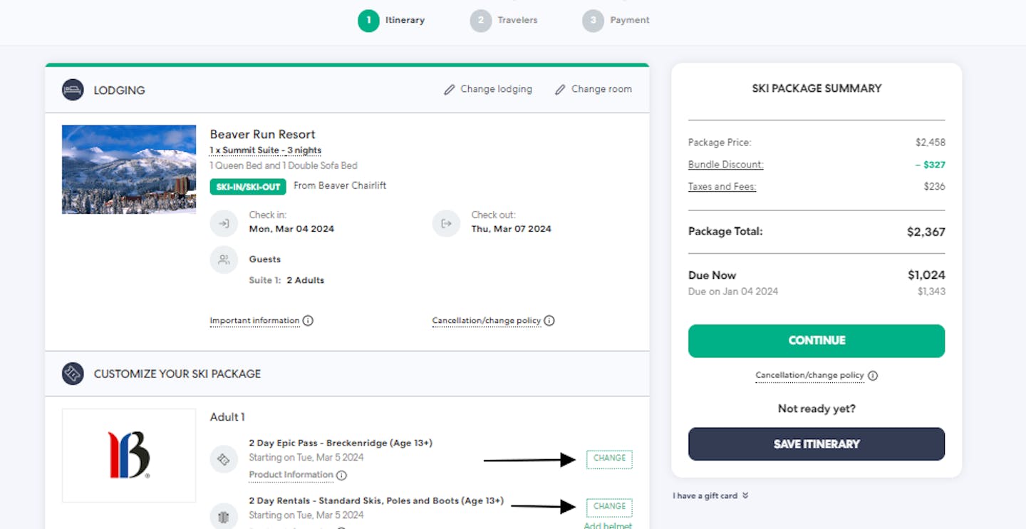 Example of customizing non-lodging products in itinerary.
