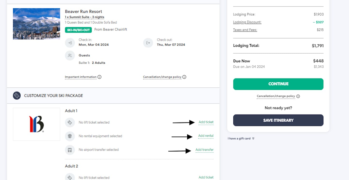 Example of customizing ski package.