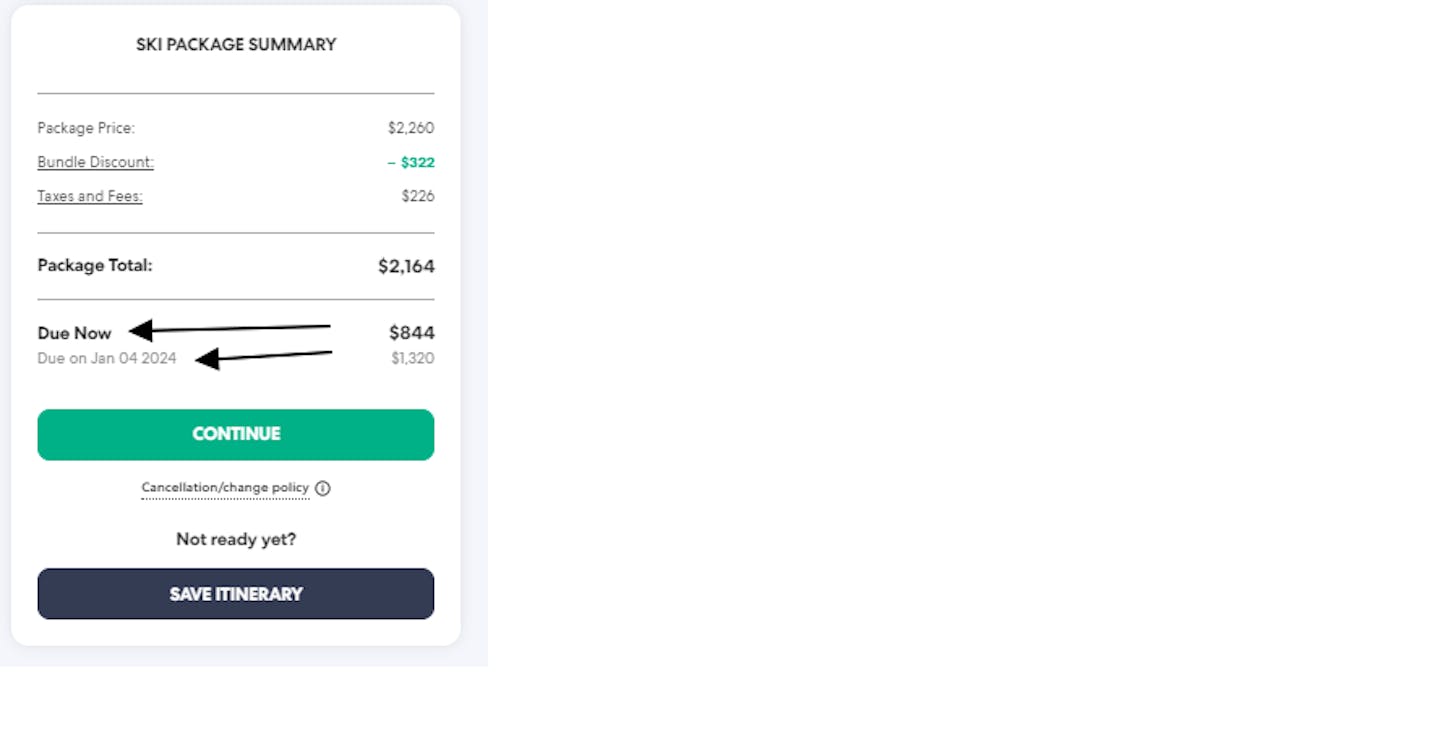 Payment schedule in the Ski Package Summary.