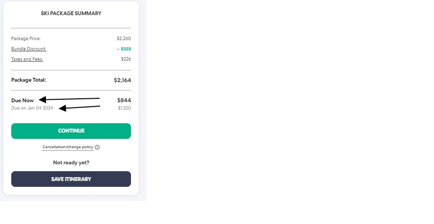 Payment schedule in the Ski Package Summary.