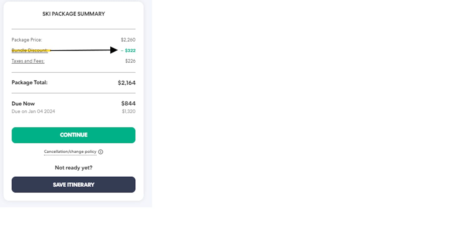 Bundle discount in Ski Package Summary.