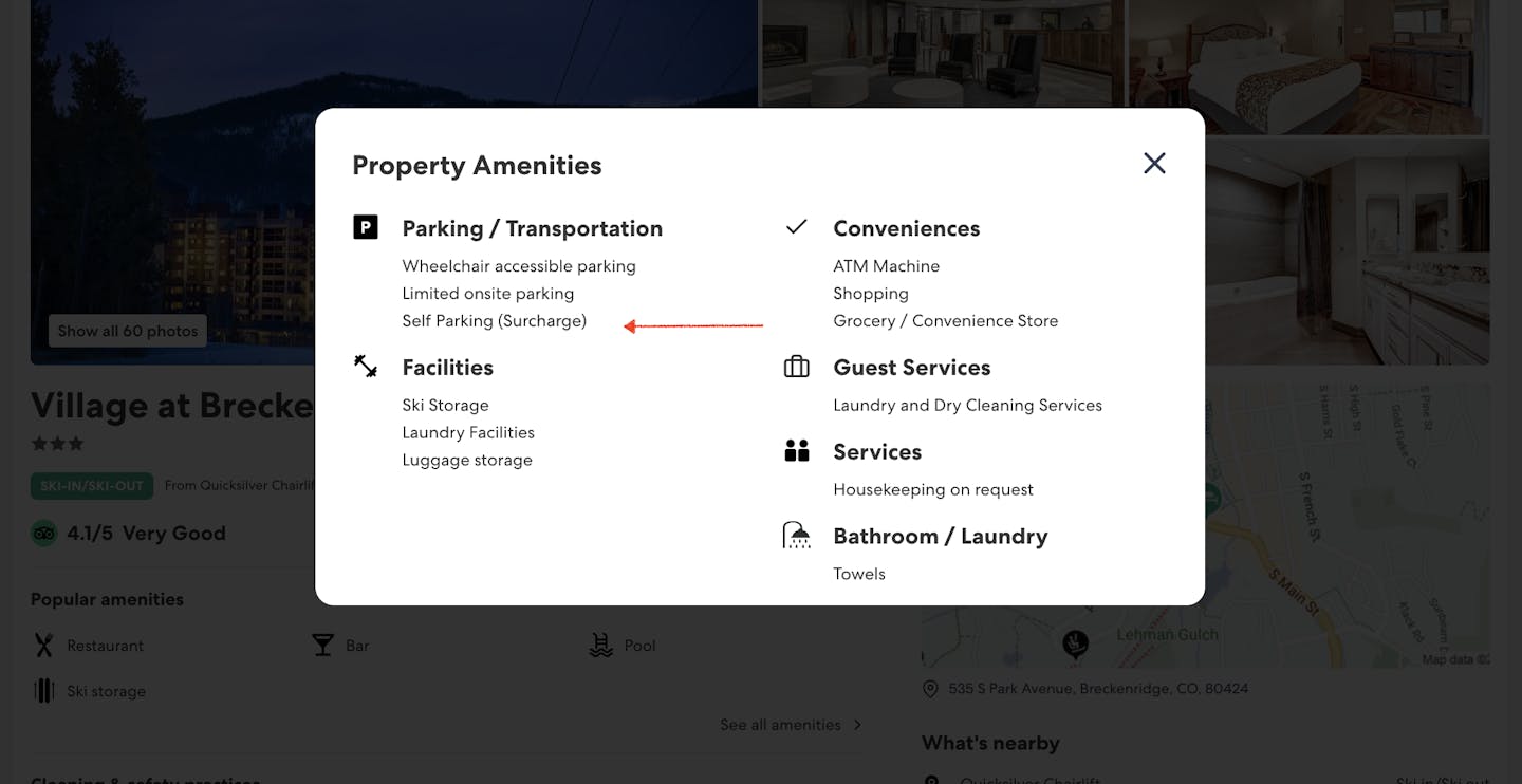 Property amenities popup.