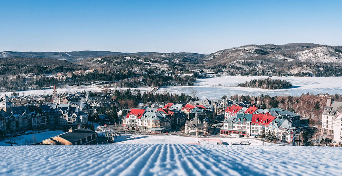 Close-up of the corduroy in the early morning at Mont Tremblant in Quebec, Canada, near Montreal.