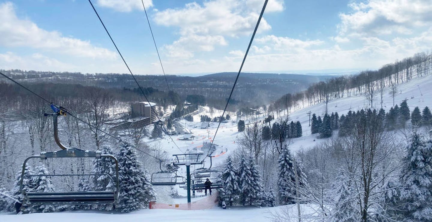 Coming down the chairlift to the lively après-ski town (Photo credit: Seven Springs Resort)
