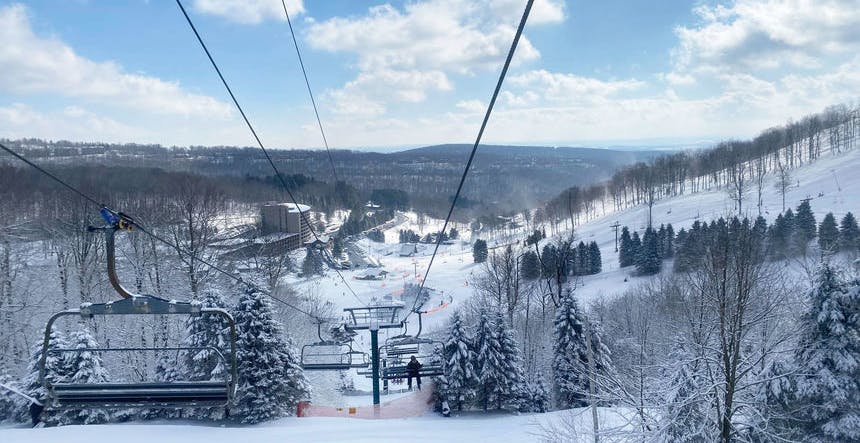 Coming down the chairlift to the lively après-ski town (Photo credit: Seven Springs Resort)