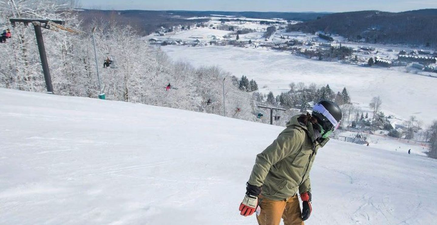 Looking down the slopes to the lakeside après-ski town (Photo credit: Wisp Resort)