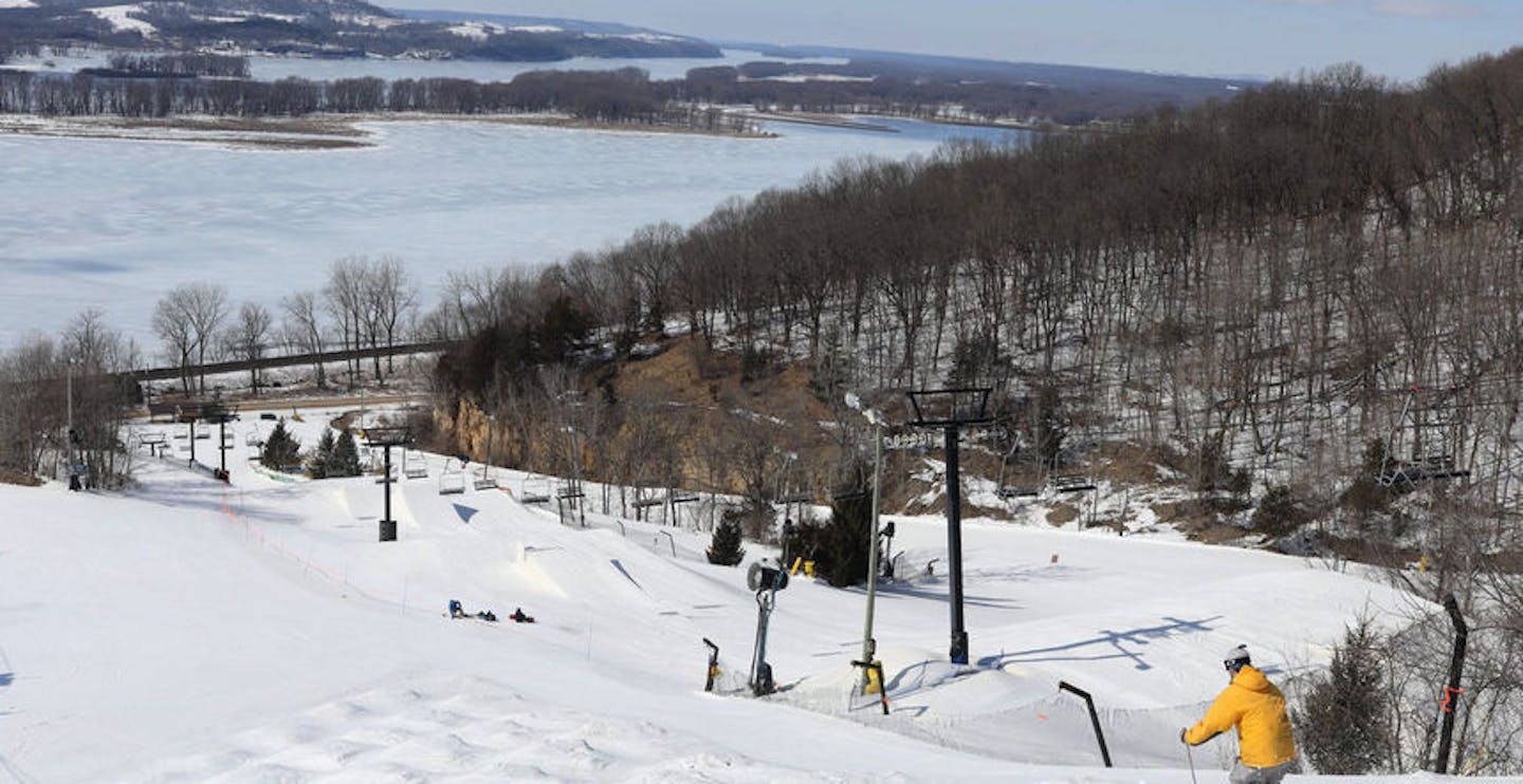 Moguls and the terrain park overlooking the Mississippi River (Photo credit: Chestnut Mountain)