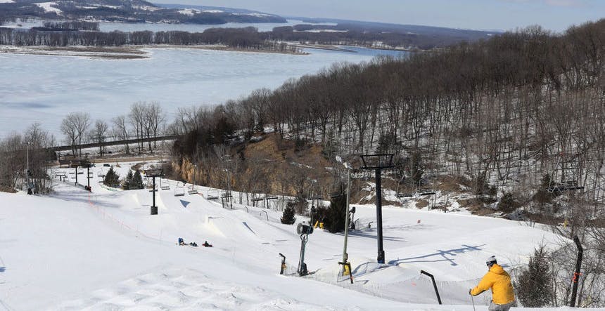 Moguls and the terrain park overlooking the Mississippi River (Photo credit: Chestnut Mountain)