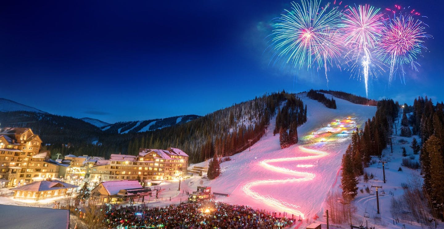 Nighttime during the Deck the Slopes holiday event at Winter Park in Colorado, USA.