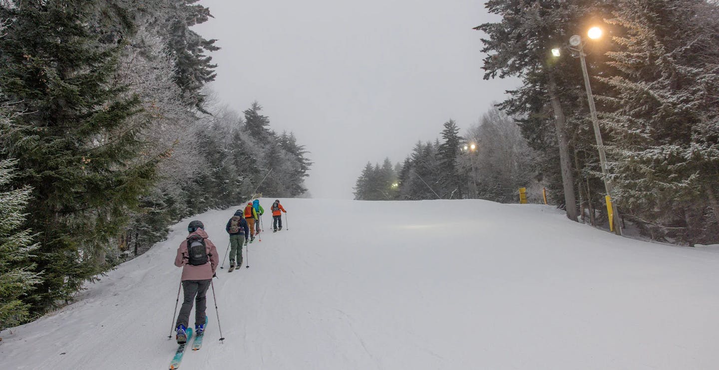 Group of skiers engaging in uphilling at Snowshoe Mountain near Washington, D.C. in the United States.