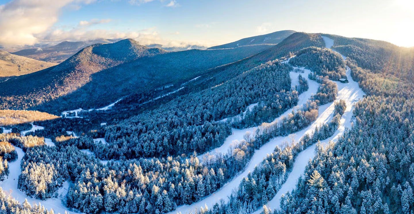 Aerial shot of the slopes at Loon Mountain on the East Coast of the United States.