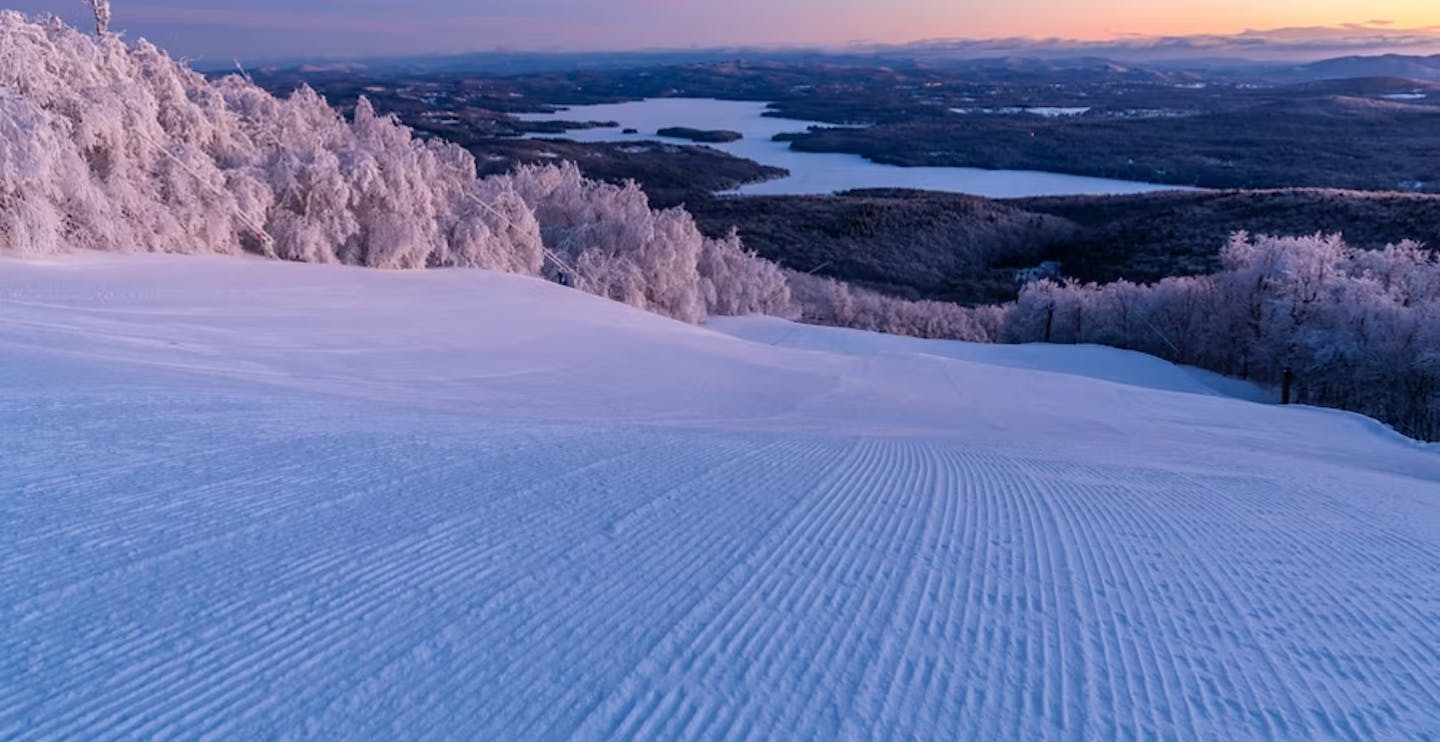 Powdery trees and perfect corduroy at Mount Sunapee in New Hampshire, USA, near Boston, Massachusetts.