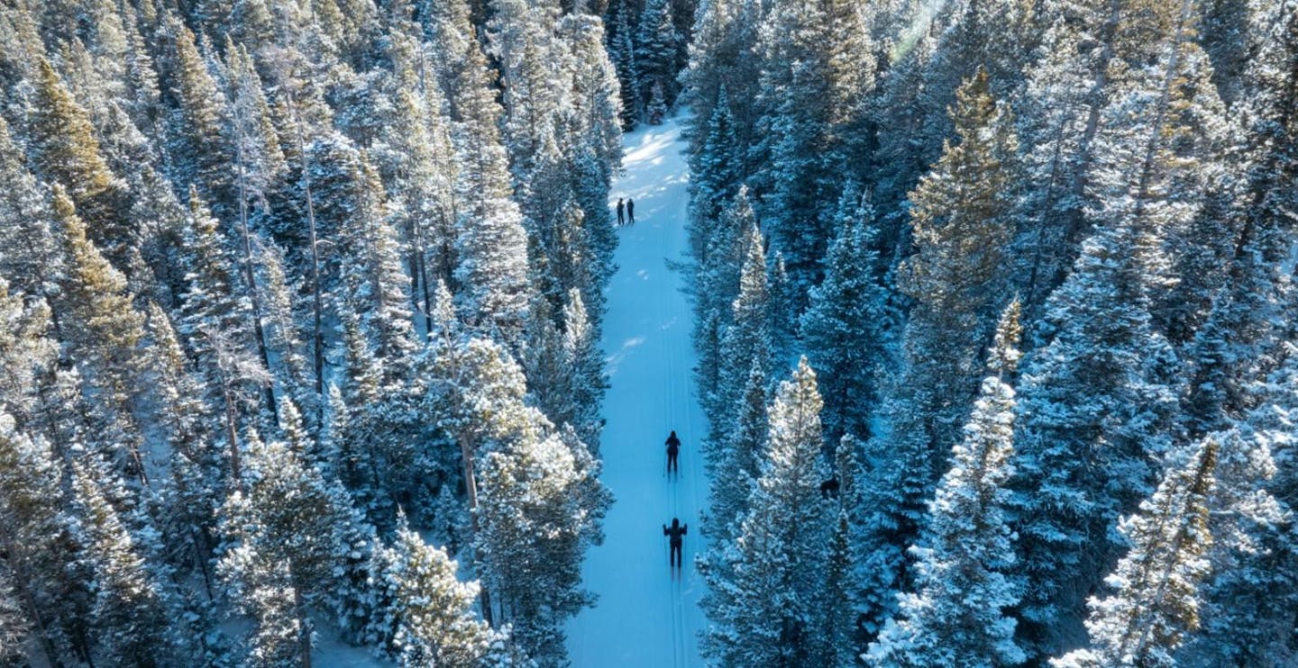 Four Nordic skiers hitting the slopes at Eldora Mountain Resort in Colorado, USA, near Denver.