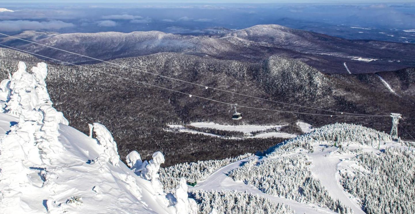 Aerial shot of the peak at Jay Peak Resort in Vermont, USA.