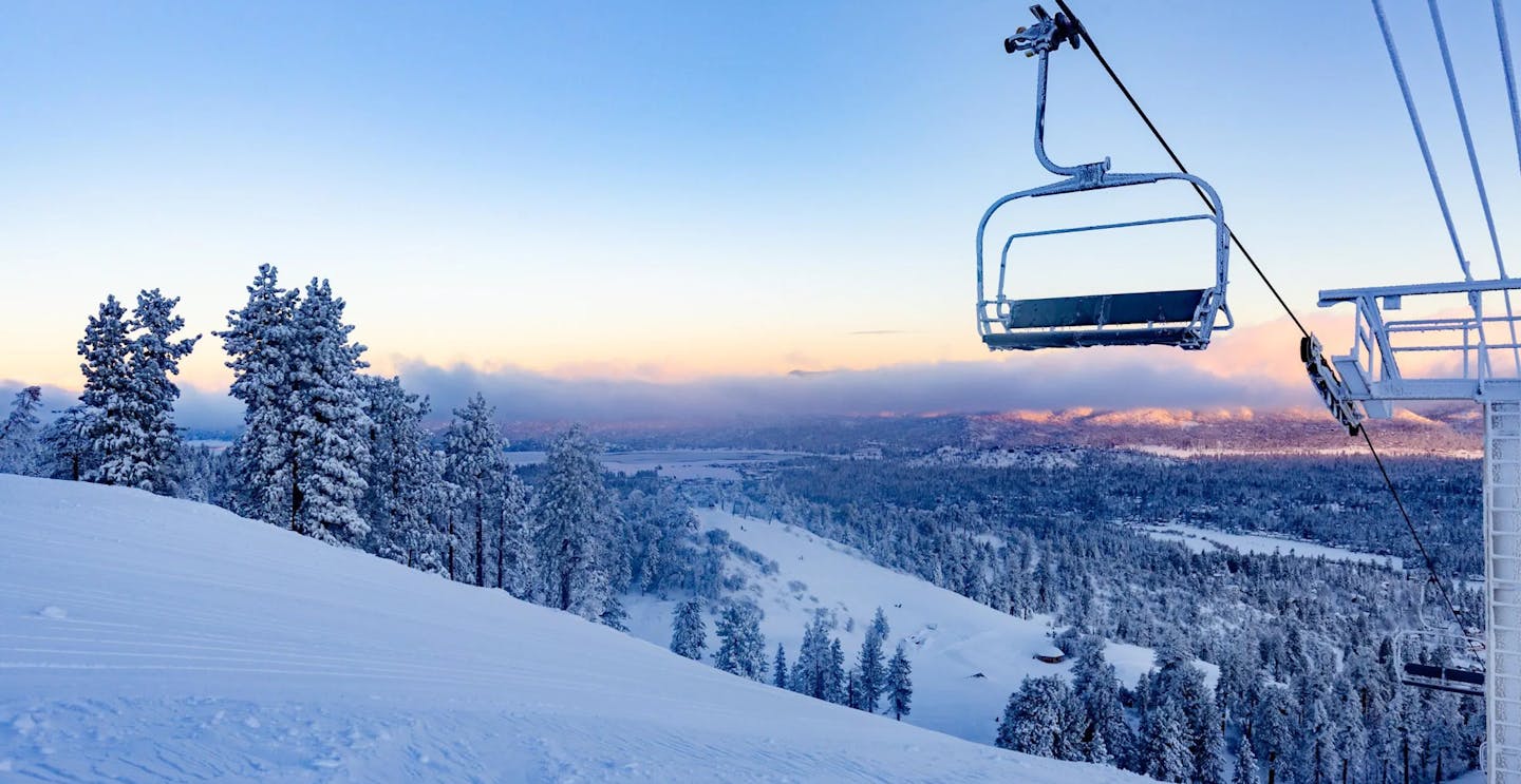 Chairlift running at dawn's first light at Bear Mountain in California, USA, near Los Angeles.