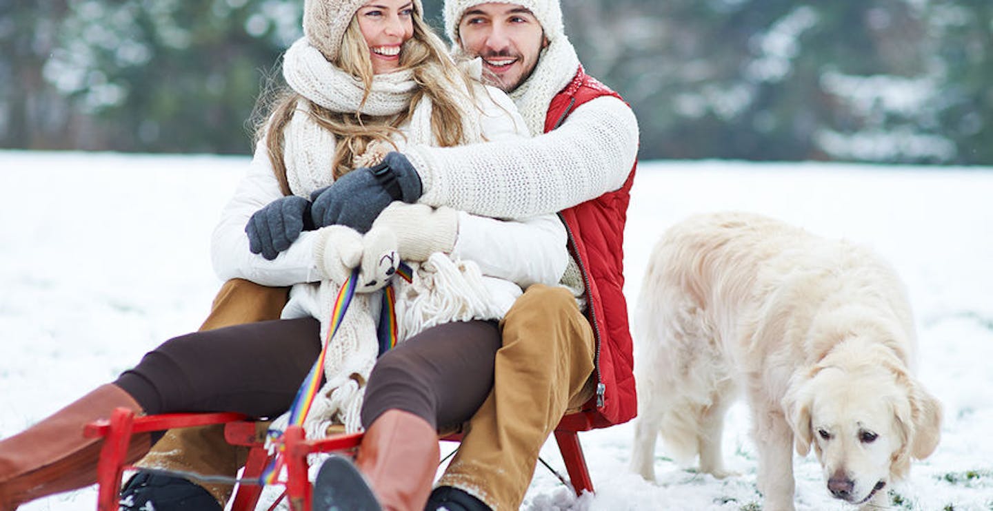 Happy couple sledding with toboggan and dog