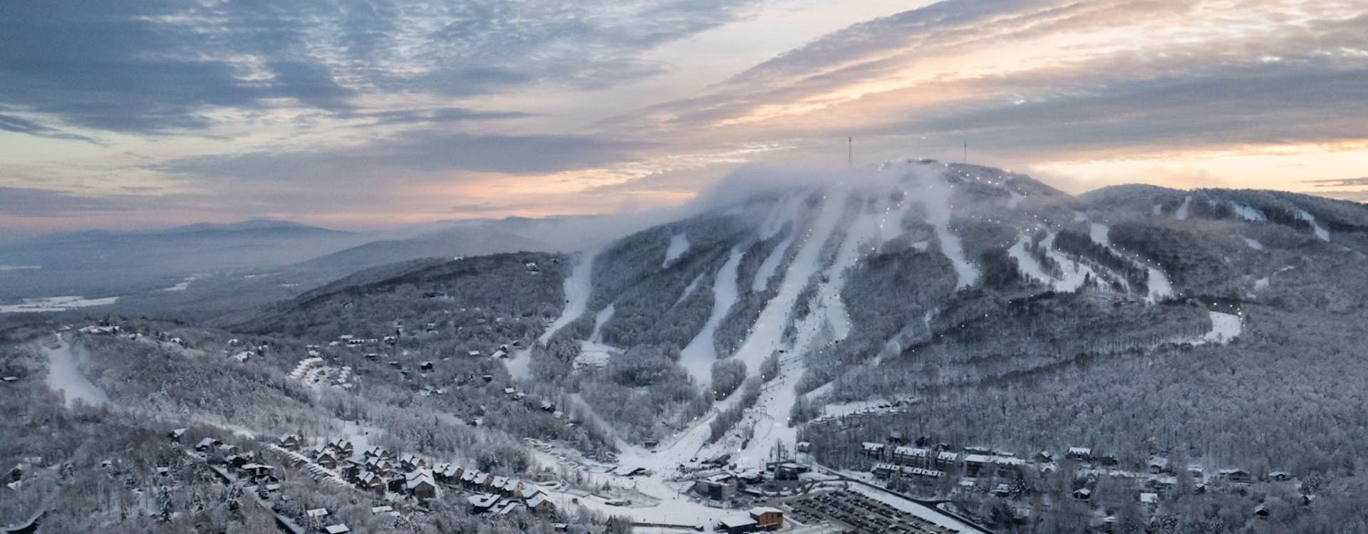 The slopes at dusk at Ski Bromont near Montreal in Quebec, Canada.