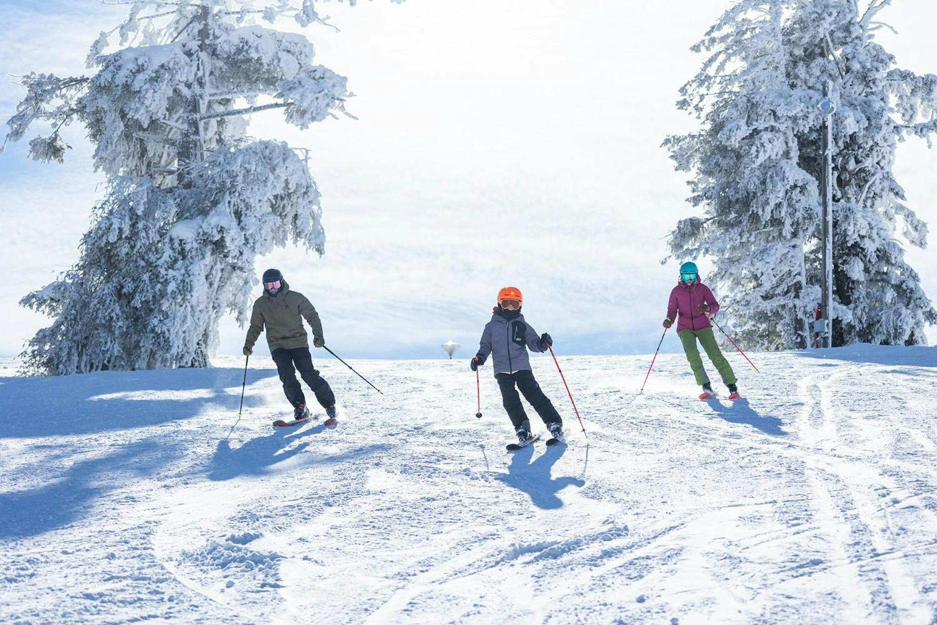 Three skiers in color-muted ski attire hitting the slopes on a sunny blue bird day in winter 2025 at Bogus Basin in Idaho, USA.