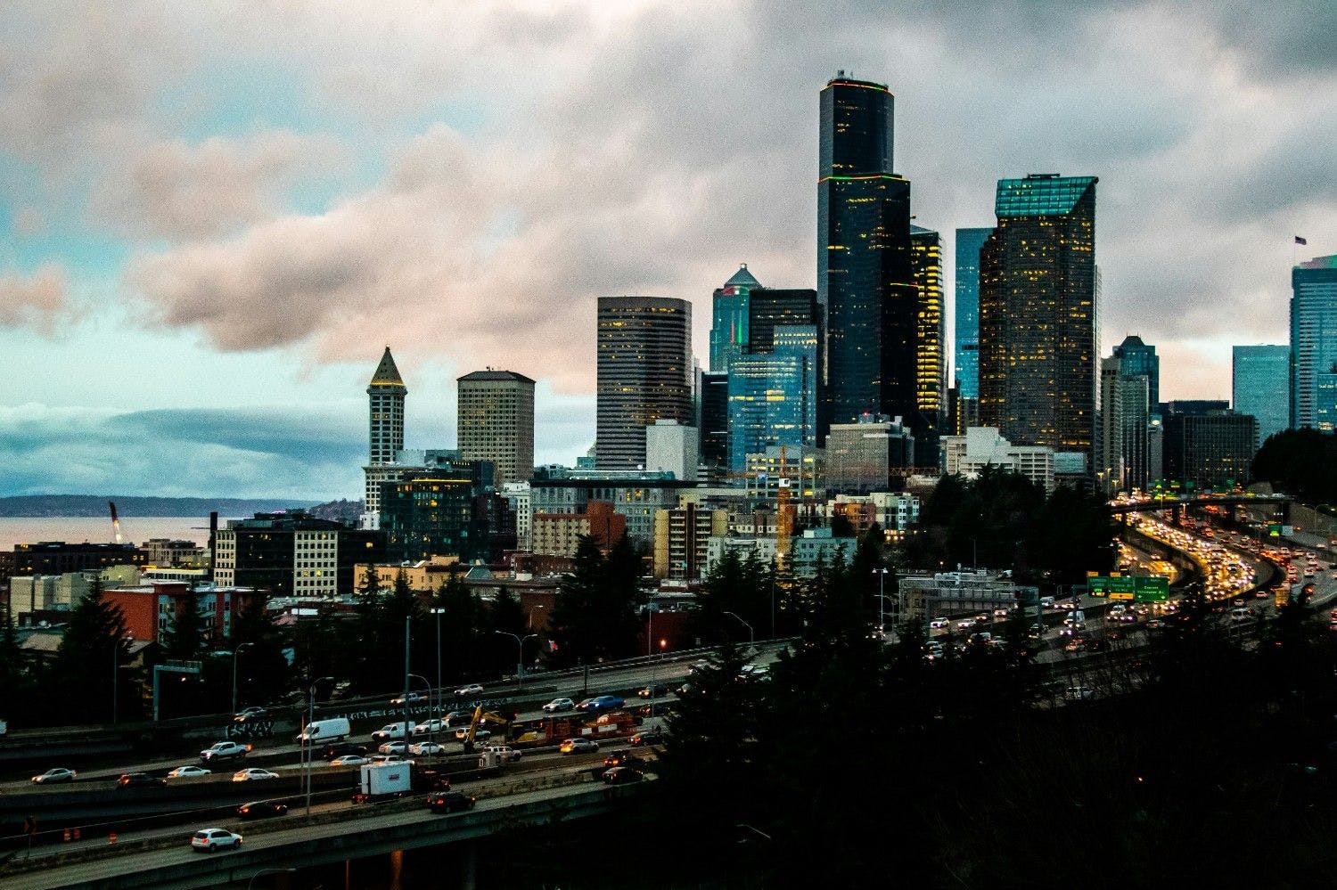 Seattle, Washington, at dusk.