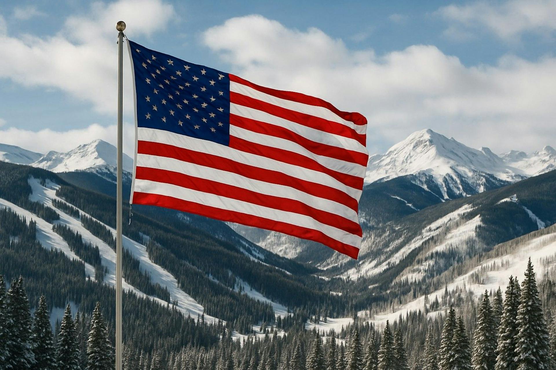 The American flag waving proudly with the peaks of Vail in the background.