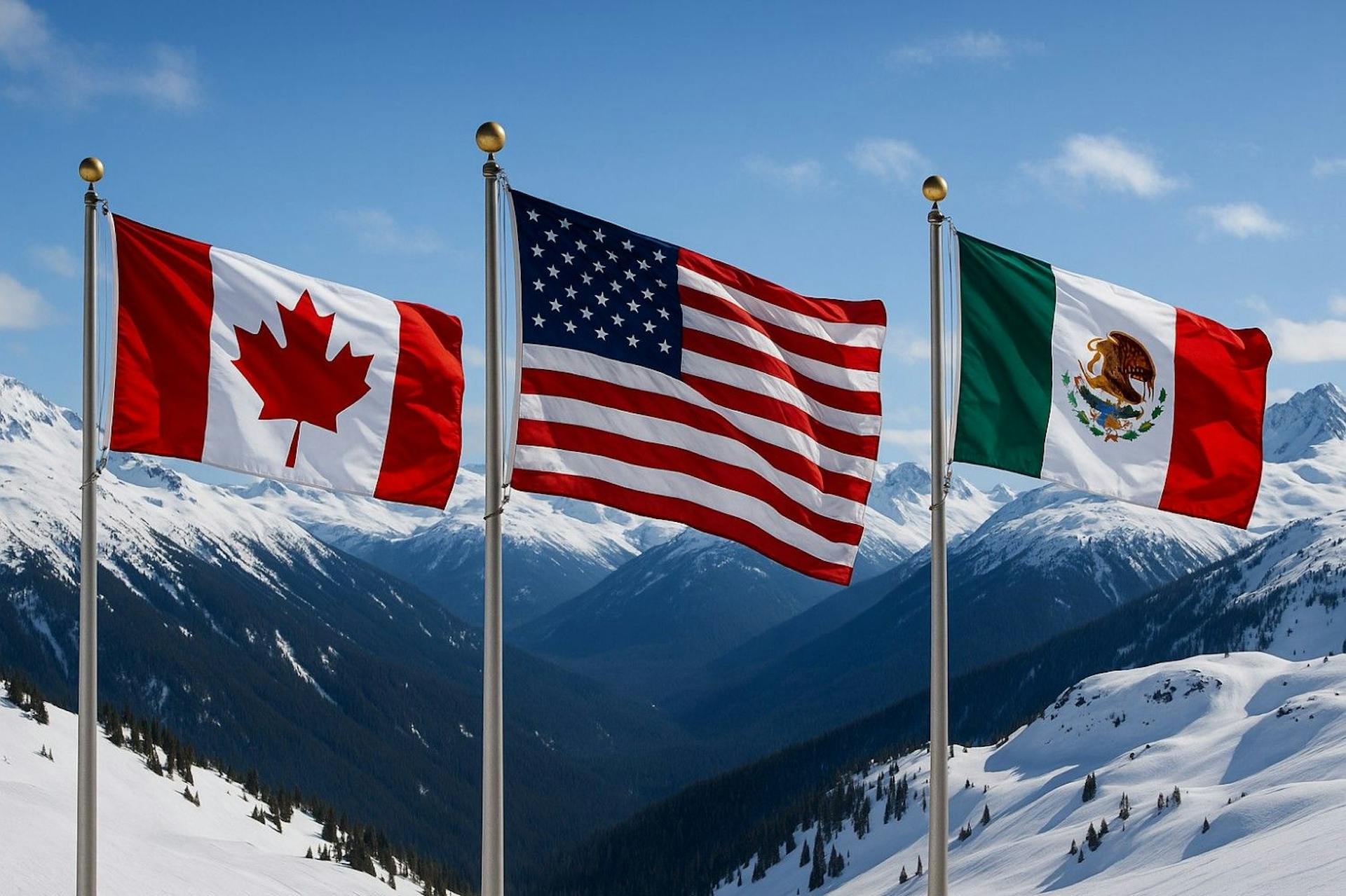 The Canadian, American and Mexican flags waving proudly with the peaks of Whistler Blackcomb in the background.