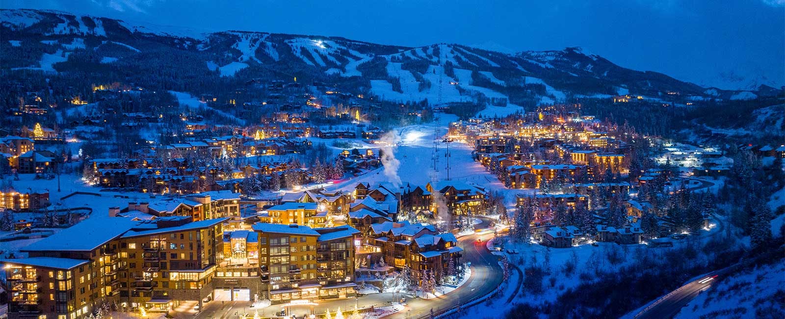 Snowmass Village at night at Aspen Snowmass in Colorado, USA.