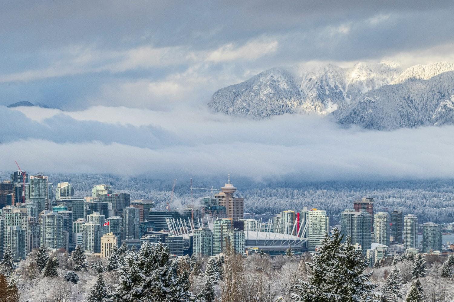Vancouver, Britich Columbia, Canada, view from Queen Elizabeth Park with Grouse Mountain in the distant background in the winter.