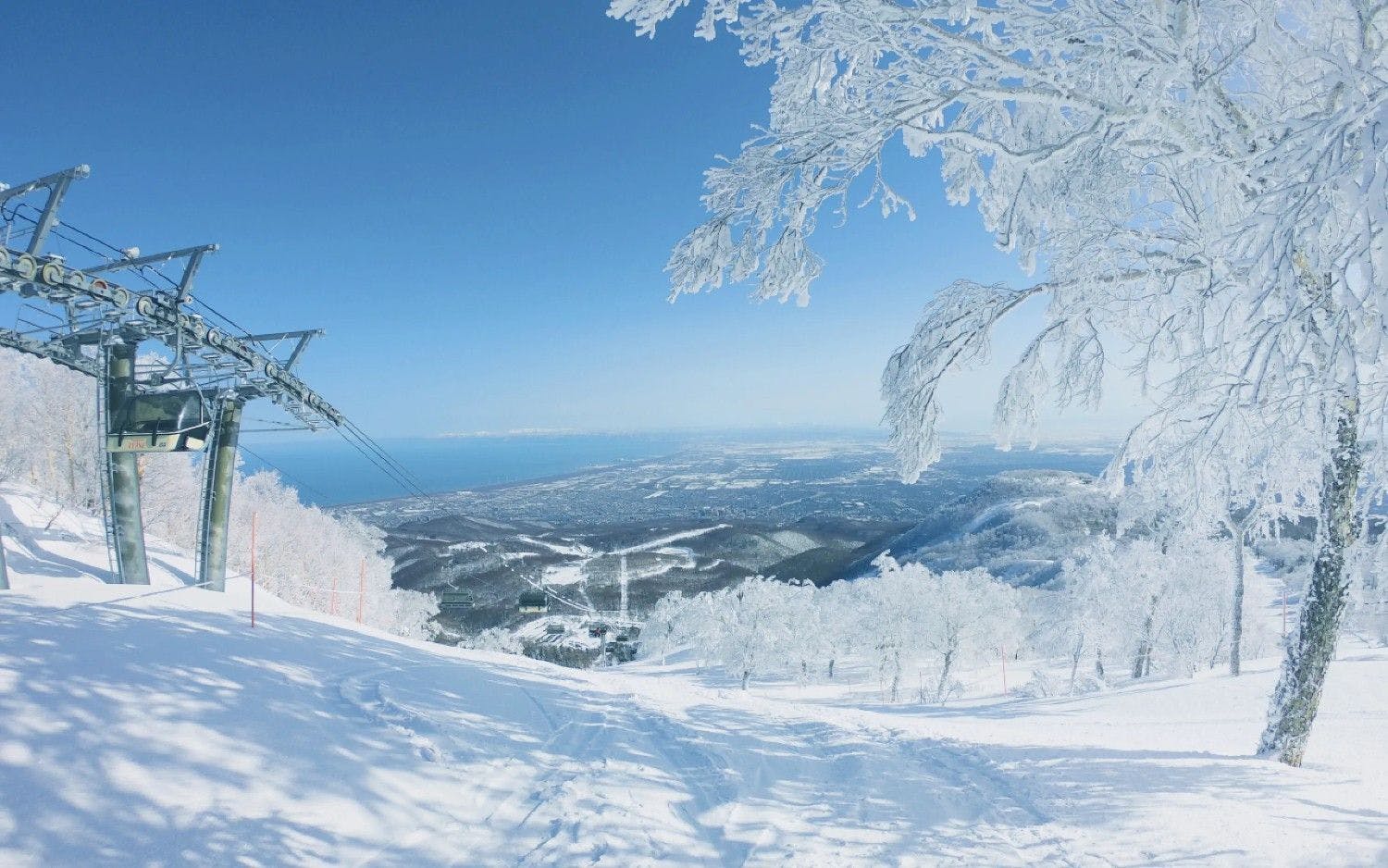 Frosty slopes at dawn's first light at Sapporo Teine in Hokkaido, Japan.