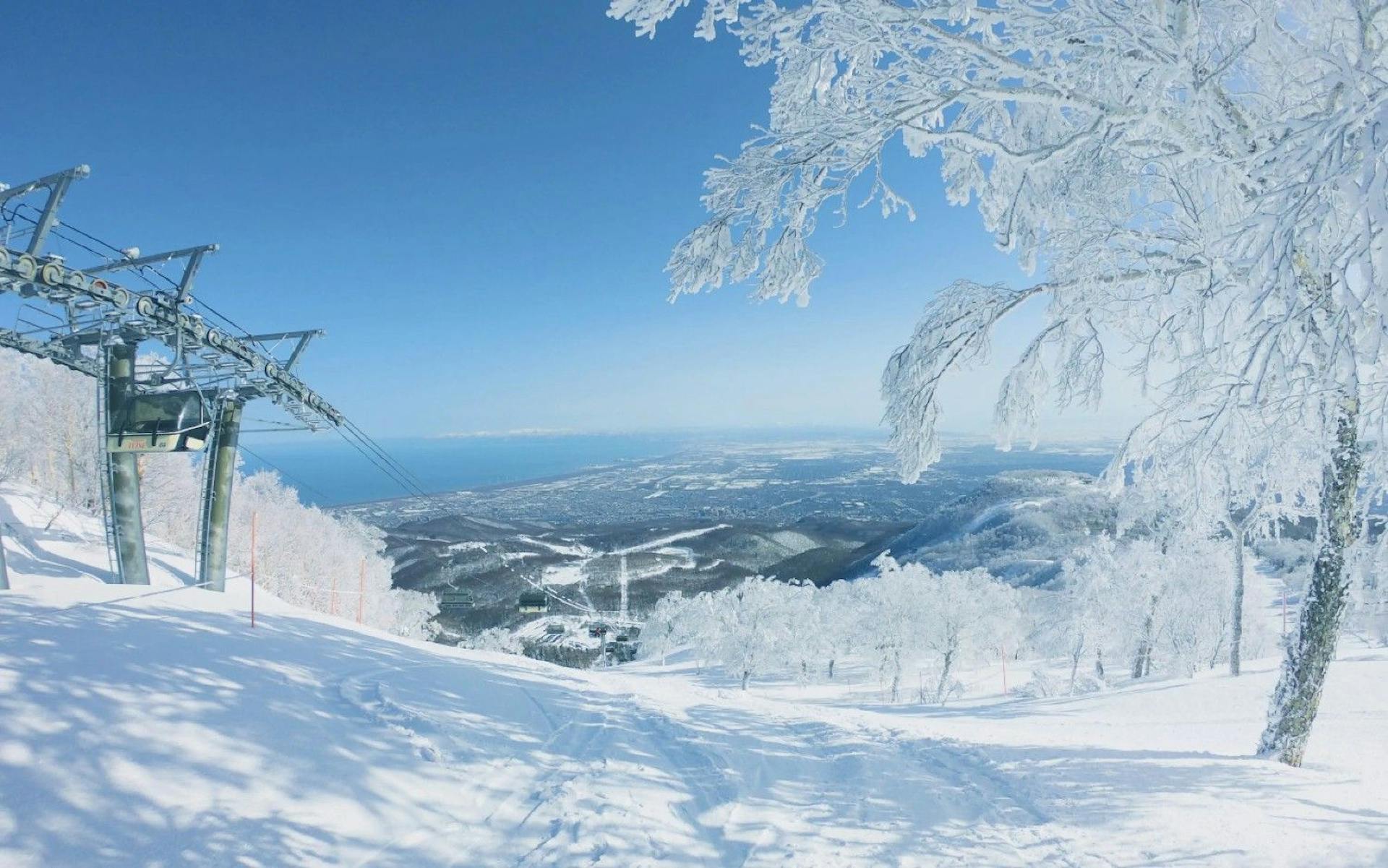 Frosty slopes at dawn's first light at Sapporo Teine in Hokkaido, Japan.