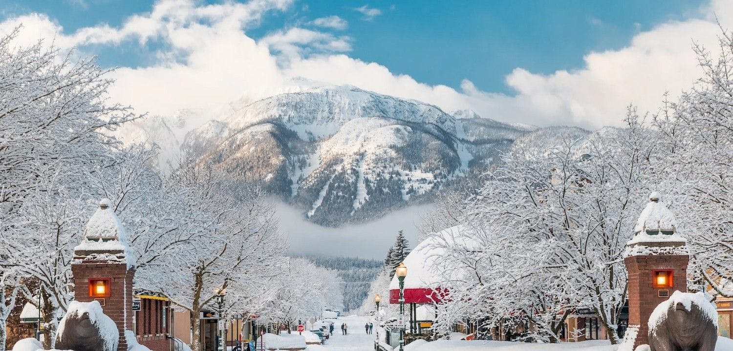The snowy peak from downtown at Revelstoke in British Columbia, Canada.