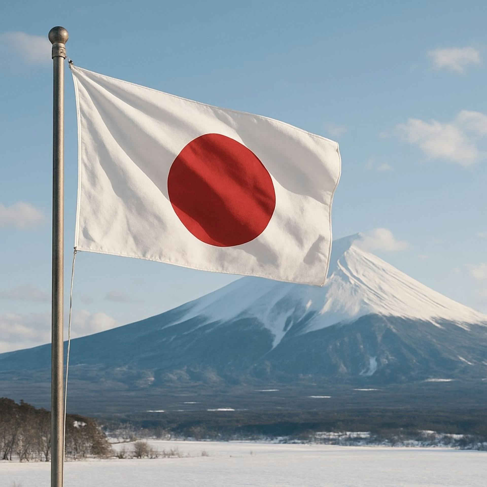 The Japanese flag waving proudly with the peak of Mount Fuji in the background.