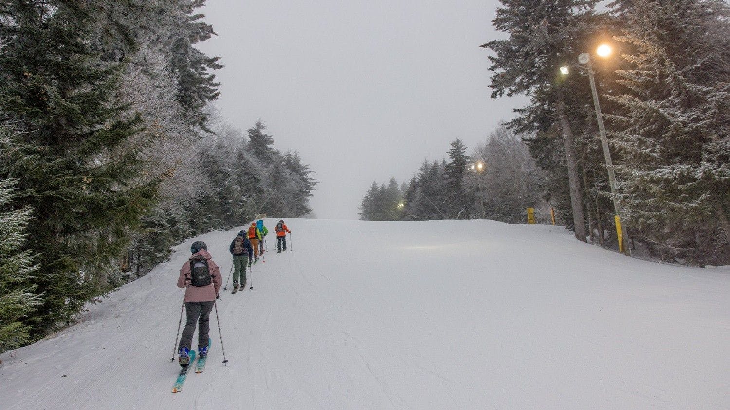 Group of skiers engaging in uphilling at Snowshoe Mountain near Washington, D.C., in the United States.