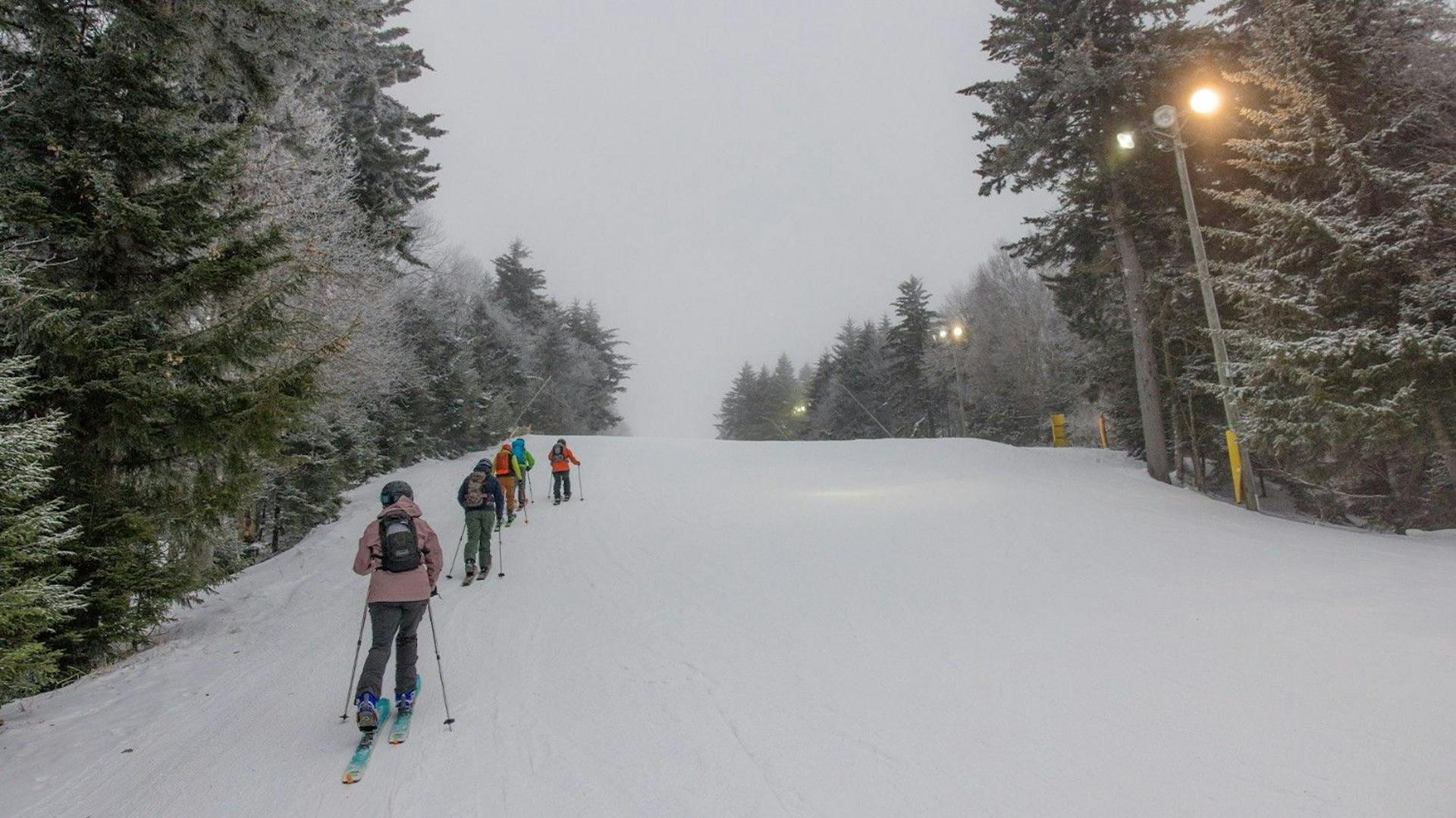 Group of skiers engaging in uphilling at Snowshoe Mountain near Washington, D.C., in the United States.