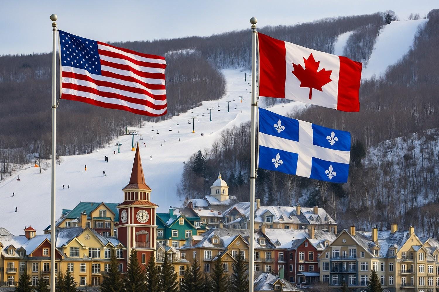 The American, Canadian, and Quebecois flag waving proudly with the village near Mont Tremblant in the background.