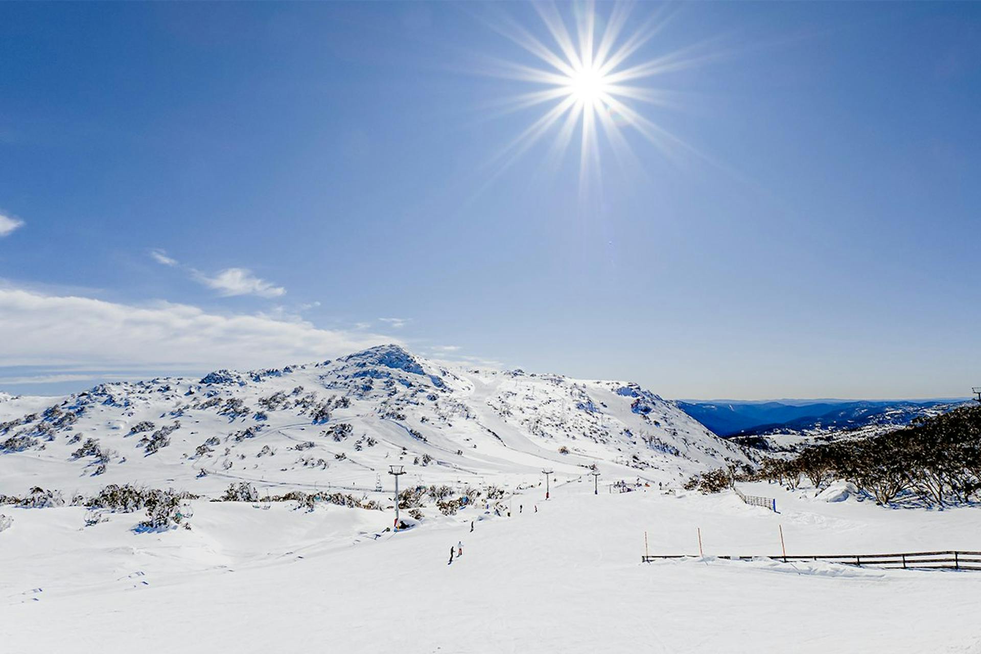 Sun shining on the slopes of Perisher in Australia. 