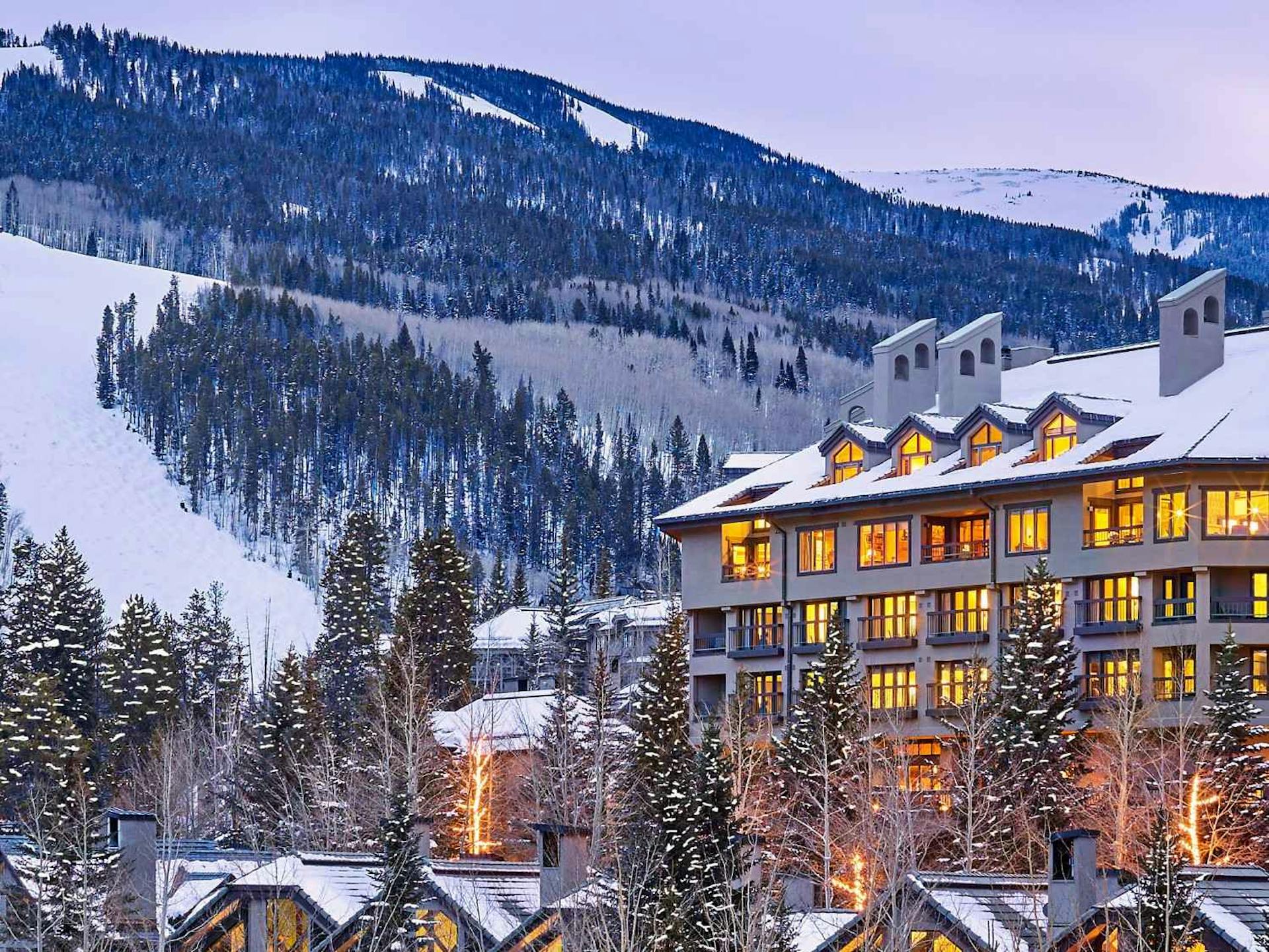 Façade of The Pines Lodge covered in snow at Beaver Creek in Colorado, USA.