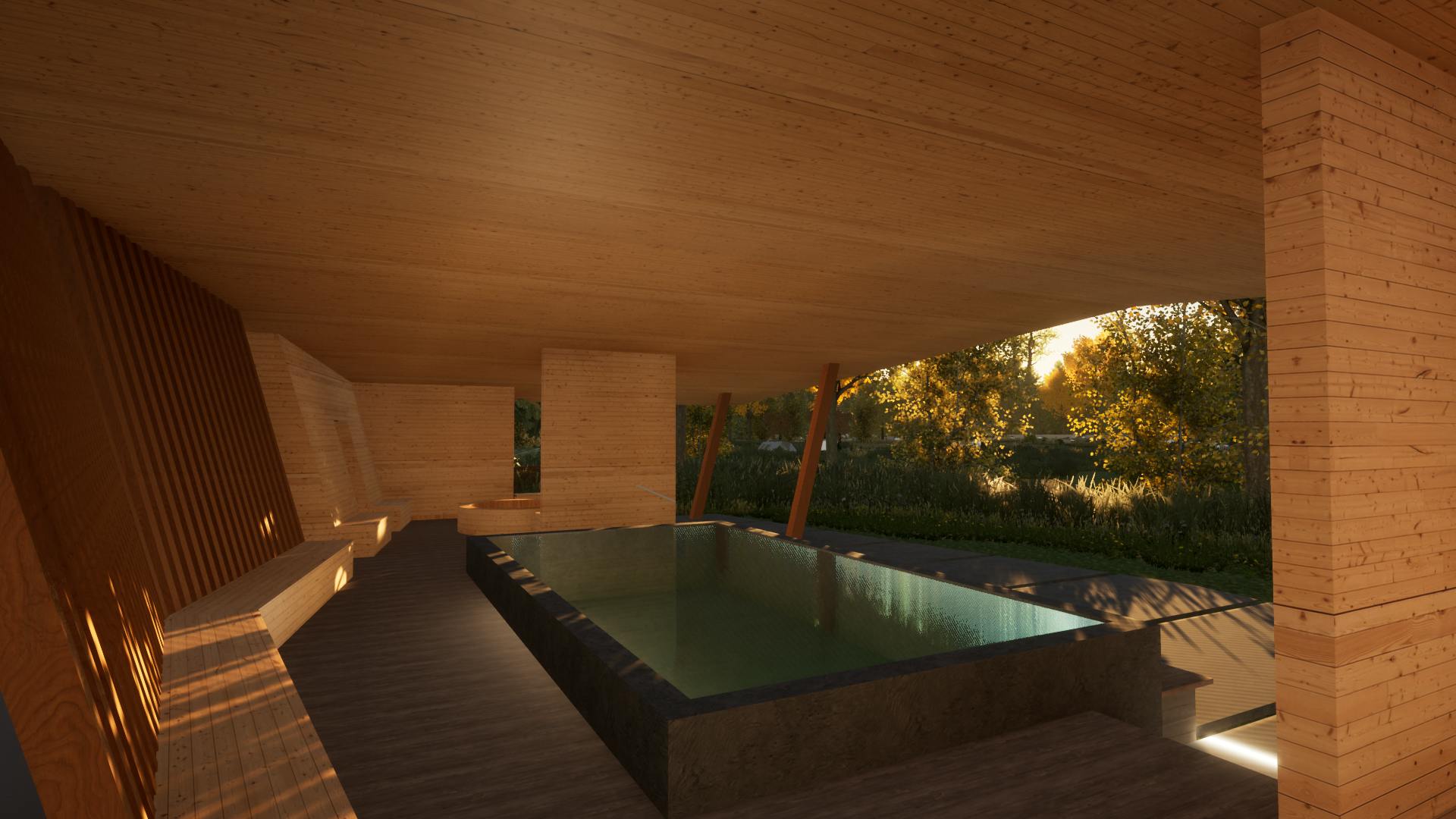 a rendering of the interior of the ofuro building with a pool in the center