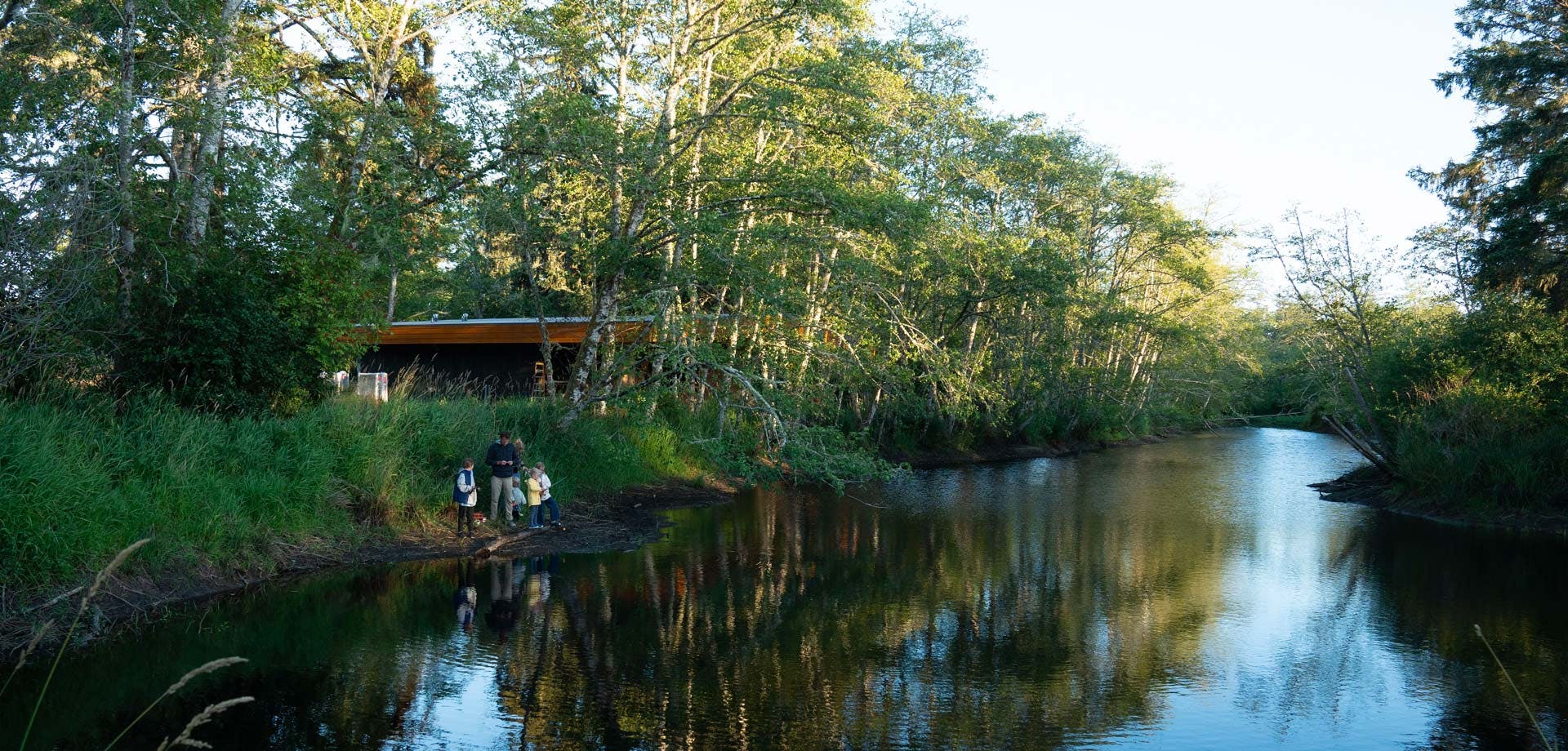 a photo of a pond and an adult and three children by it