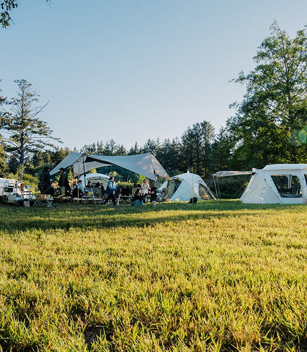 A full Snow Peak style campsite with four ivory tents surrounding a large ivory tarp with campers gathered beneath.