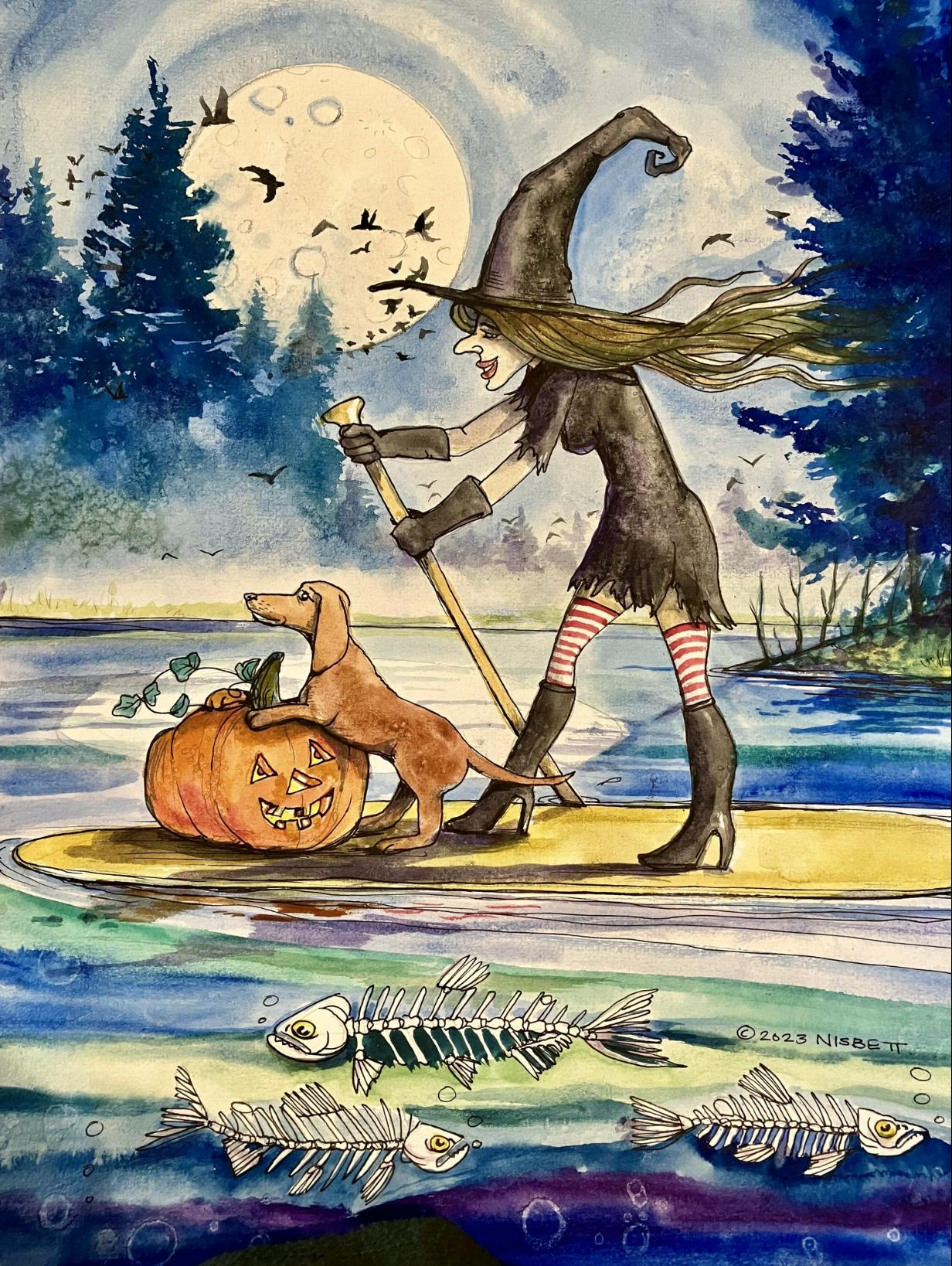 Illustration by Don Nisbett of a witch and her dog paddling on Black Lake in Ilwaco