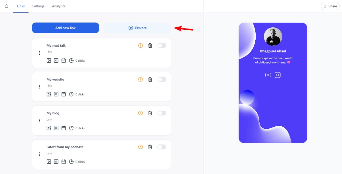 Click the explore button in Social editor