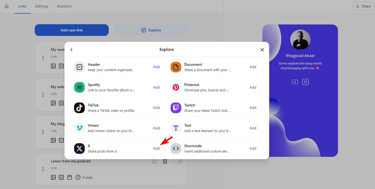 Add X Twitter button from explore menu