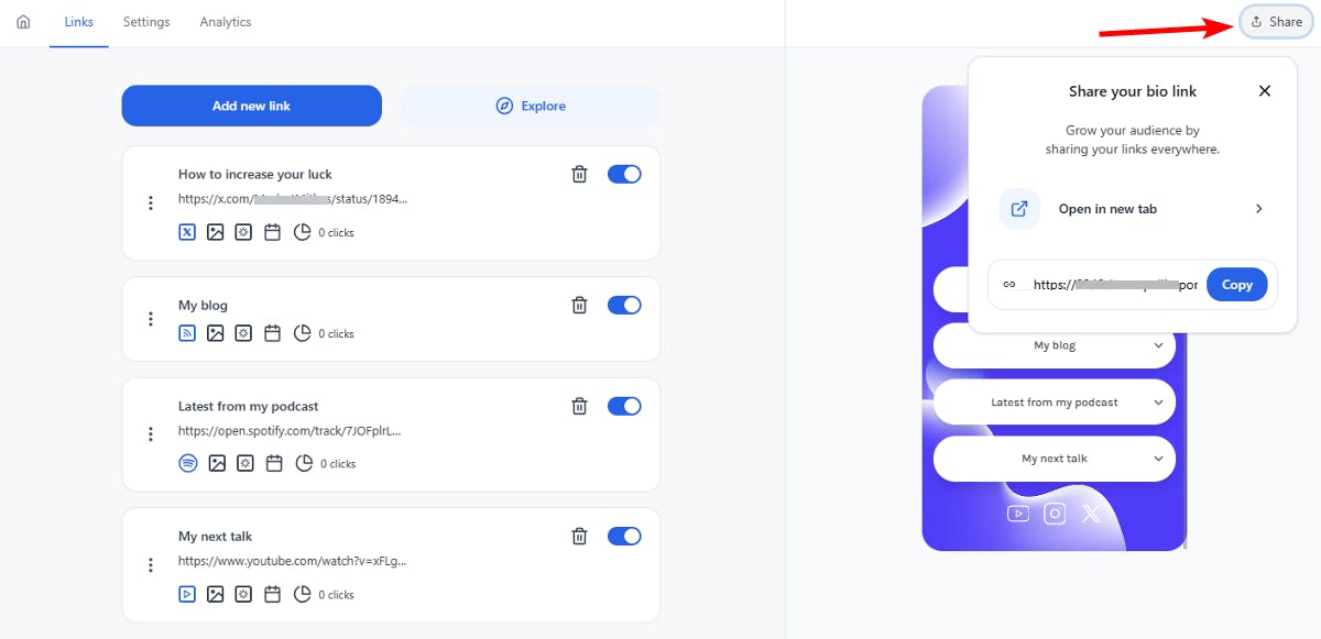 Copy bio page URL to share on Instagram bio