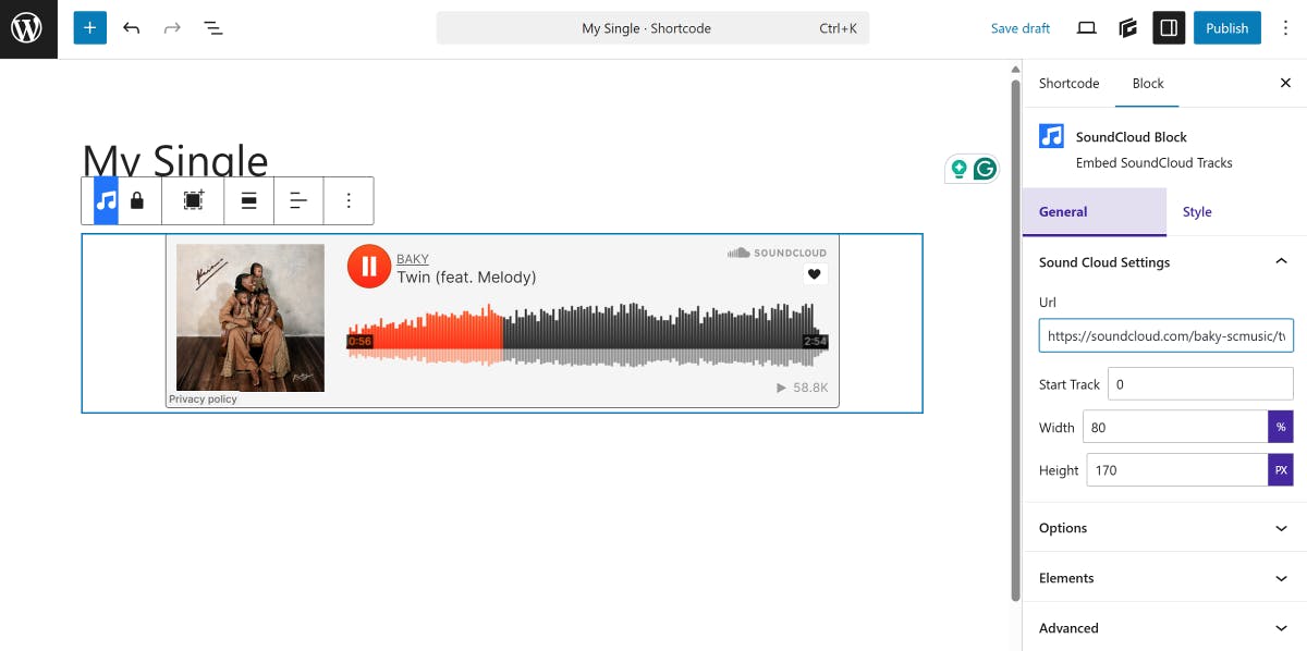 Add your SoundCloud link using the WP block